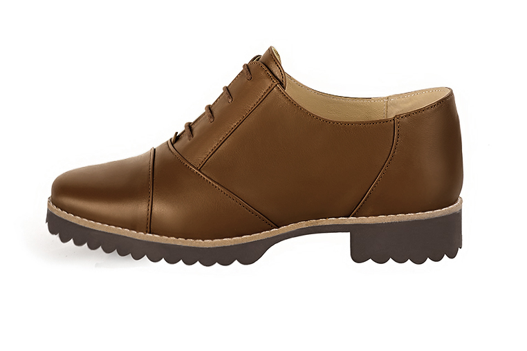 Caramel brown women's casual lace-up shoes. Round toe. Flat rubber soles. Profile view - Florence KOOIJMAN